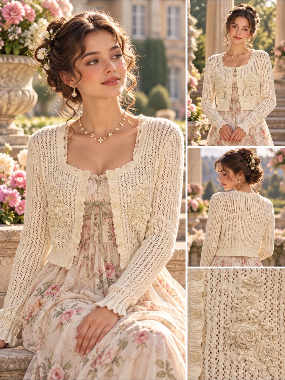 Celebrity Pink x Bridgerton Cream Floral Appliqué Openwork Cardigan Size M